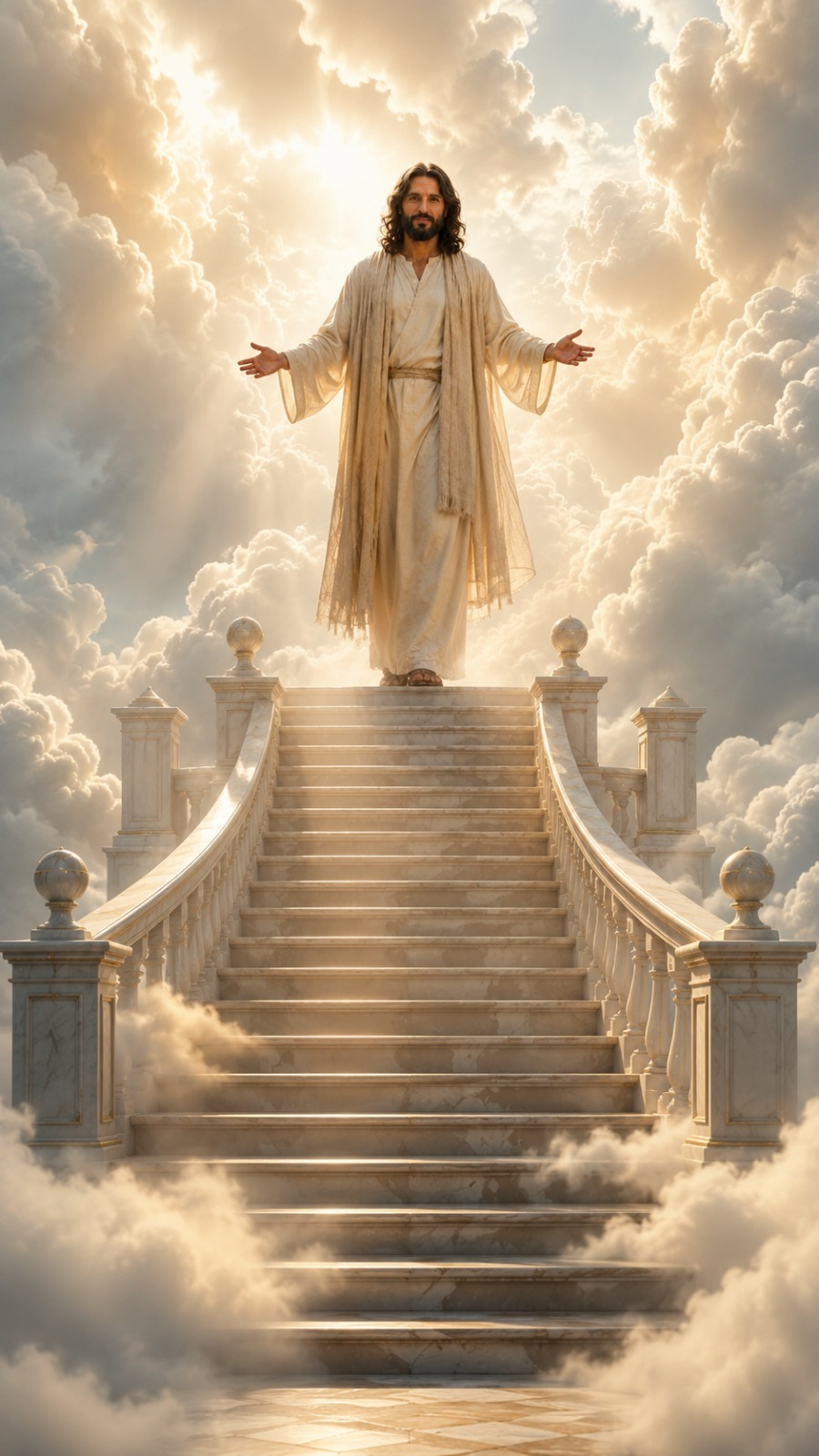Jesus no alto de uma escadaria entre nuvens e luz dourada